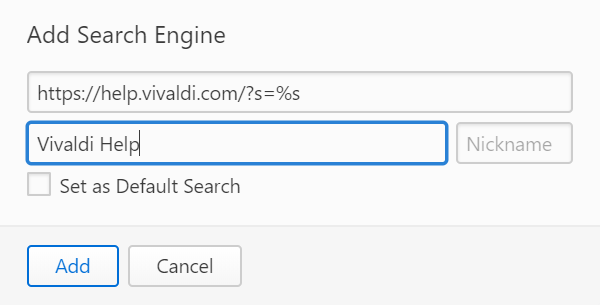 Ajout d’informations supplémentaires à un moteur de recherche avant de l’enregistrer en tant que nouveau moteur de recherche. 