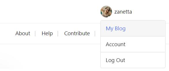 Open user menu in the top right corner of blogs.vivaldi.net with My Blog option highlighted.