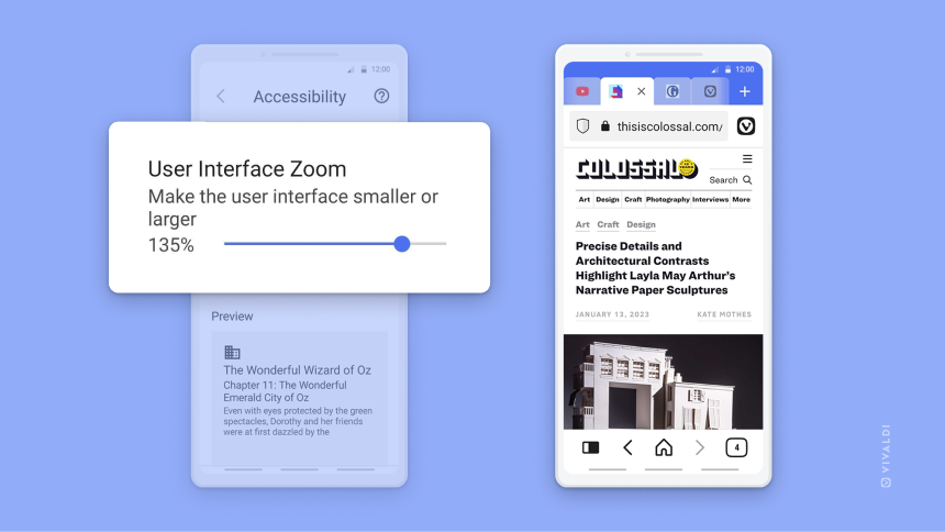 Two phones. One showing User Interface Zoom setting in Accessibility settings. The other showing the user interface with increased zoom level.